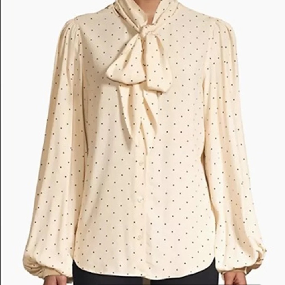 Equipment Cleone Cream and Black Polka Dot Bow Blouse